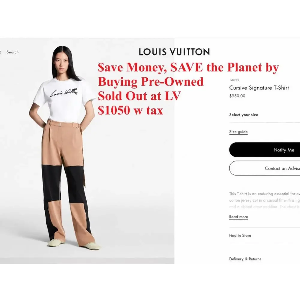 LOUIS VUITTON Cursive Signature T-Shirt White Black Large Medium Women 1AII22